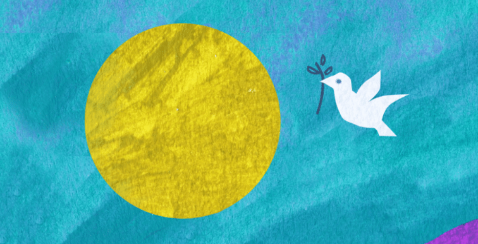 Illustration of a dove holding an olive branch flying past the sun